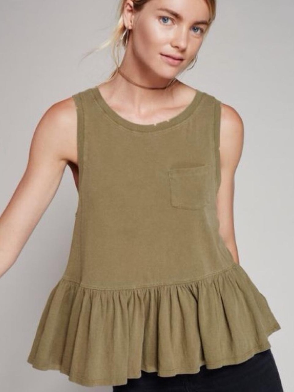 Free People Olive Ruffle Hem Tank Top